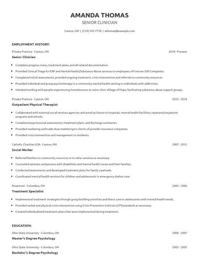 Senior Clinician Resume