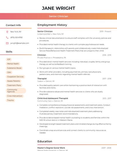 Senior Clinician Resume