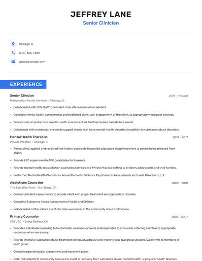 Senior Clinician Resume