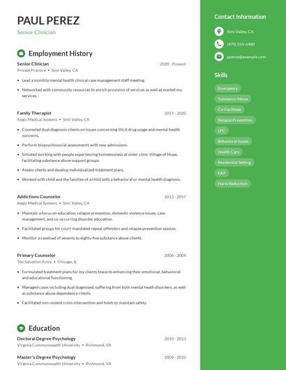Senior Clinician Resume