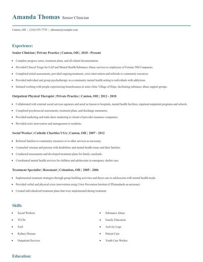 Senior Clinician Resume