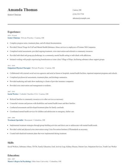 Senior Clinician Resume