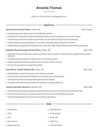 Senior Clinician Resume