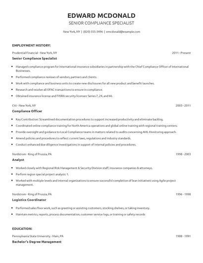 Senior Compliance Specialist Resume
