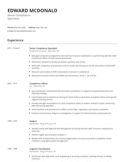 Senior Compliance Specialist Resume