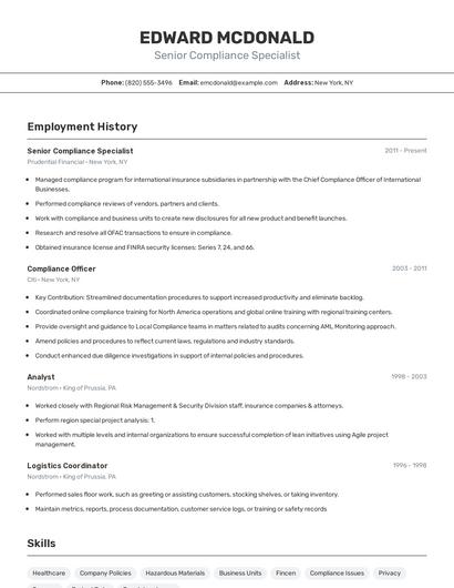 Senior Compliance Specialist Resume