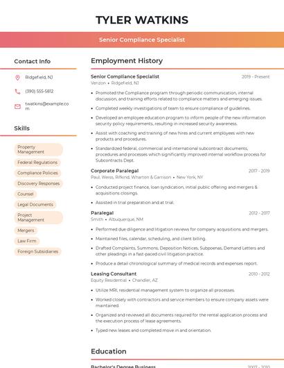Senior Compliance Specialist Resume