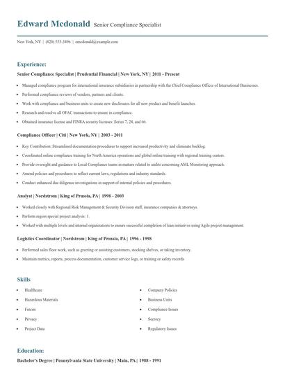 Senior Compliance Specialist Resume