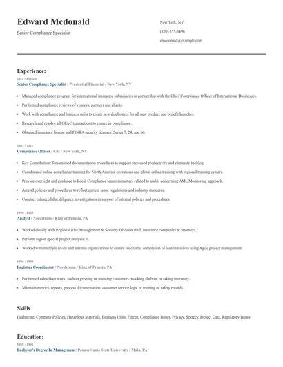 Senior Compliance Specialist Resume