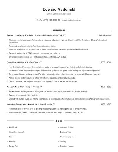 Senior Compliance Specialist Resume