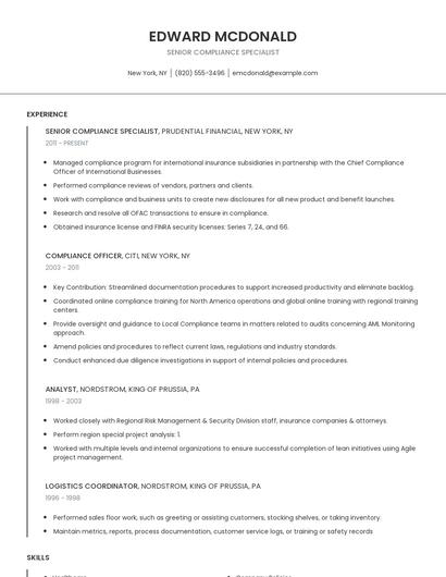 Senior Compliance Specialist Resume