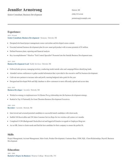 Senior Consultant, Business Development Resume
