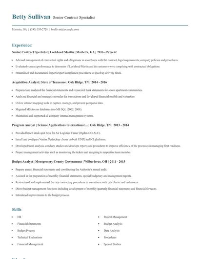 Senior Contract Specialist Resume