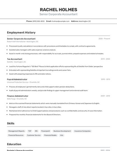 Senior Corporate Accountant Resume