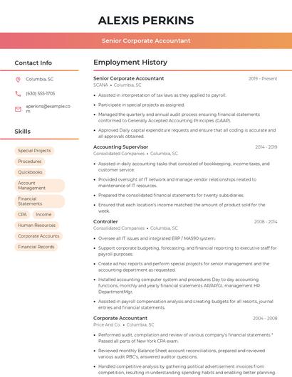Senior Corporate Accountant Resume