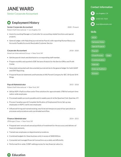 Senior Corporate Accountant Resume