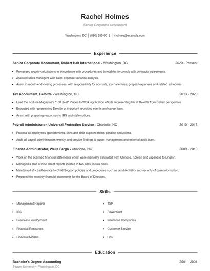 Senior Corporate Accountant Resume