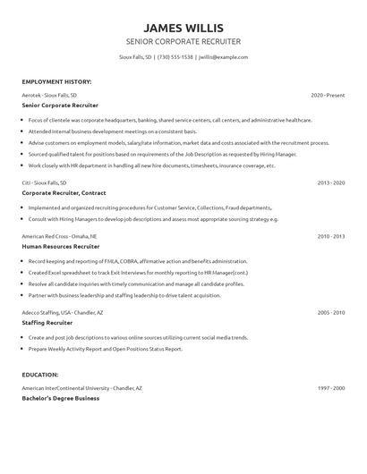 Senior Corporate Recruiter Resume