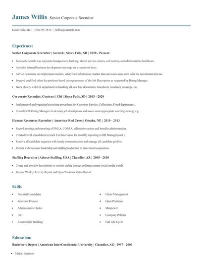 Senior Corporate Recruiter Resume