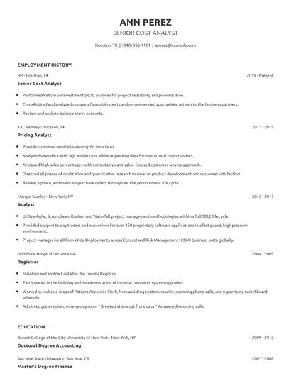 Senior Cost Analyst Resume