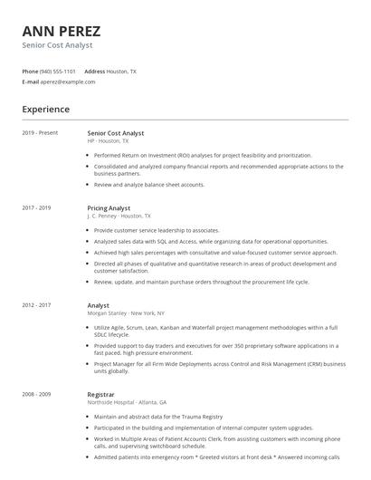 Senior Cost Analyst Resume