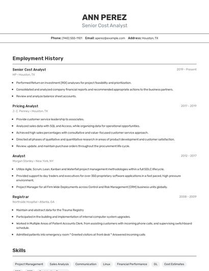 Senior Cost Analyst Resume