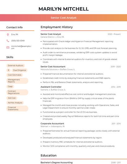 Senior Cost Analyst Resume