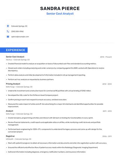 Senior Cost Analyst Resume