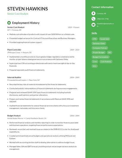 Senior Cost Analyst Resume