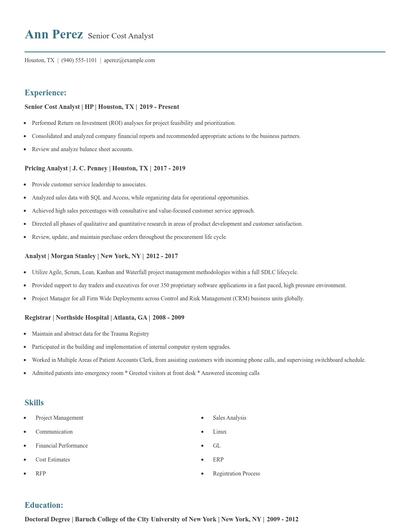 Senior Cost Analyst Resume