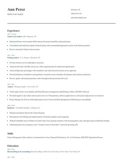 Senior Cost Analyst Resume