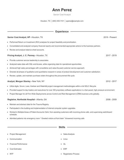 Senior Cost Analyst Resume
