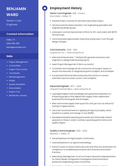 Senior Cost Engineer Resume