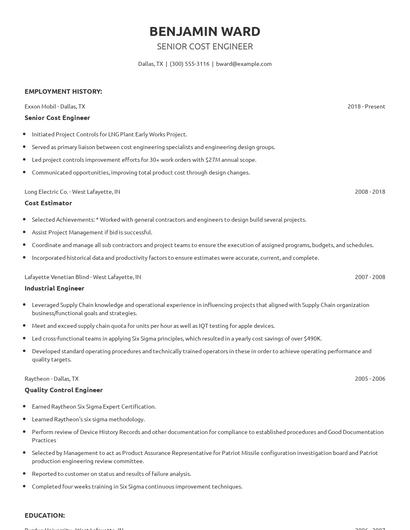Senior Cost Engineer Resume
