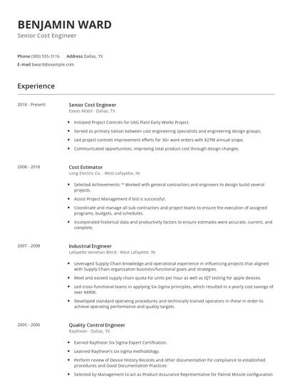 Senior Cost Engineer Resume