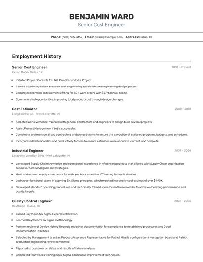 Senior Cost Engineer Resume