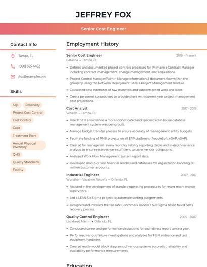 Senior Cost Engineer Resume