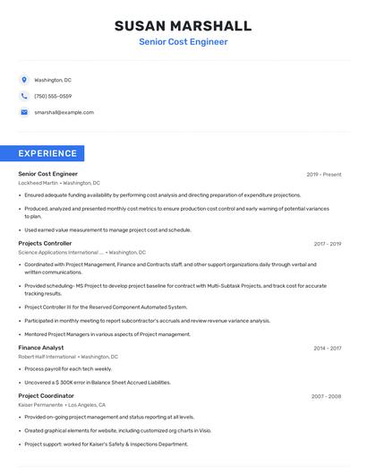 Senior Cost Engineer Resume