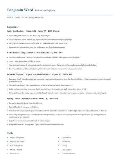 Senior Cost Engineer Resume