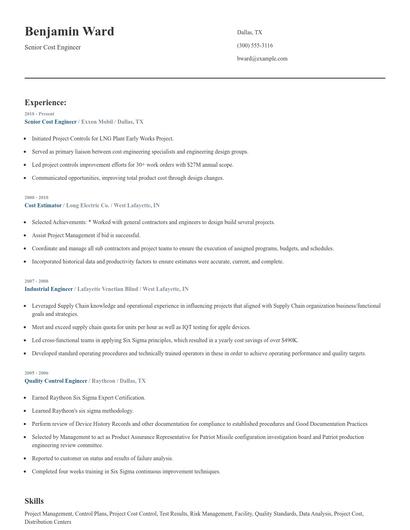 Senior Cost Engineer Resume