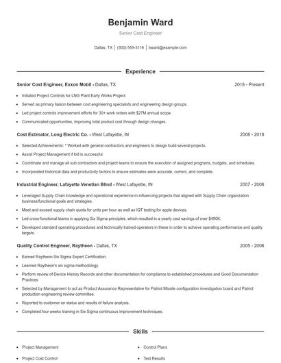 Senior Cost Engineer Resume