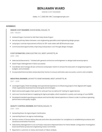 Senior Cost Engineer Resume