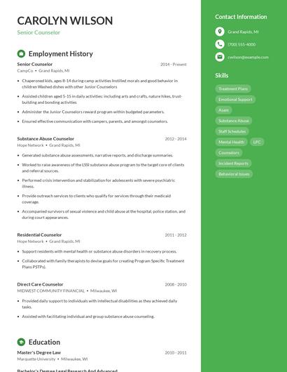 Senior Counselor Resume