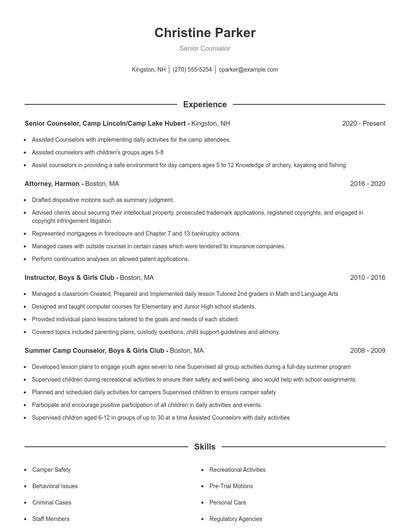 Senior Counselor Resume