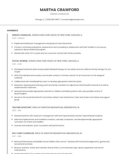 Senior Counselor Resume