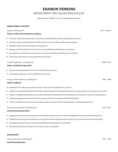 Senior Credit And Collections Analyst Resume