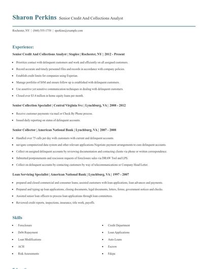 Senior Credit And Collections Analyst Resume