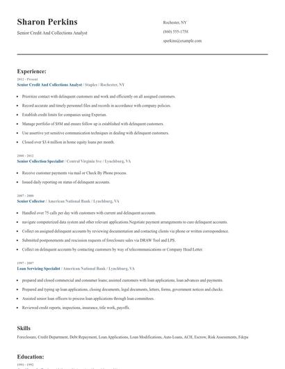 Senior Credit And Collections Analyst Resume