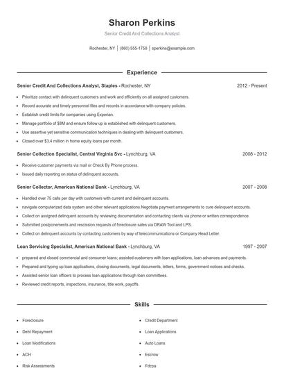 Senior Credit And Collections Analyst Resume