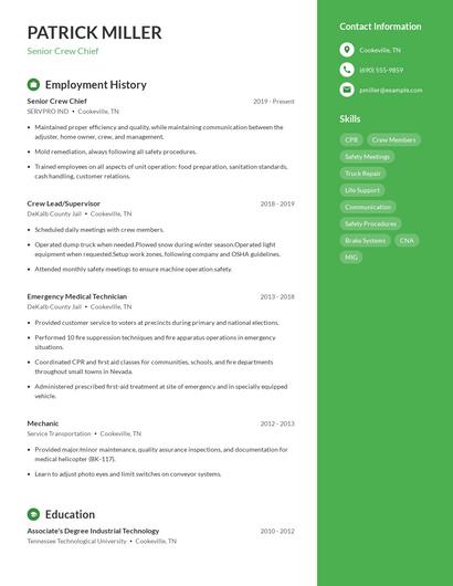 Senior Crew Chief Resume